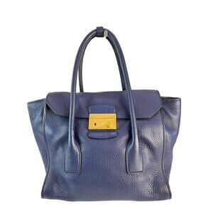 Prada Blue Pebbled Leather Satchel Top Handle Bag Gold Hardware Shoulder